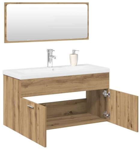 Hoopleep 3-TLG. Badmöbel-Set Artisan-Eiche Holzwerkstoff, 90 cm Breite, mit Waschbecken, Spiegel & Armatur, Modernes Badezimmer Waschtisch Kombination für Aufbewahrung