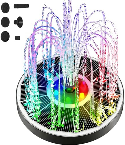 LED Solar Springbrunnen, Solar schwimmender Fontäne Pumpe, Solar Teichpumpe mit 4 Düsen, Solarbrunnen für Draussen, Buntes Teichpumpe Solarbrunnen für Garten Fischteich Wasserspiel Vogel-Bad