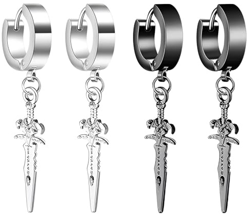 Weenkeey 2 Pairs Stainless Steel Sword Hoop Earrings Knife Huggie Earrings Swords Pendant Earrings Punk Vintage Drop Earrings for Men Women - Silver Black