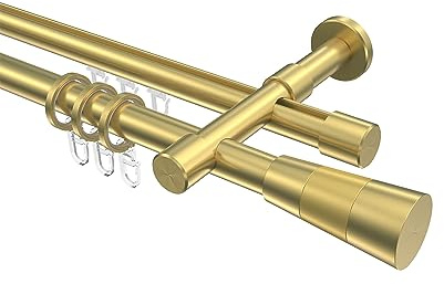 INTERDECO Rundrohr-Innenlauf-Gardinenstange 20 mm 2-läufig, moderne Rohr-Innenlaufstange aus Metall, Messing-Optik, zur Wandmontage, Typ 10223326, 160 cm