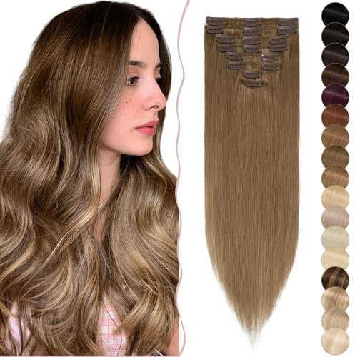 SEGO Clip in Extensions Echthaar Haarverlängerung Haarteil 8 teiliges SET günstig Remy Haar weich Hellbraun#6 14(35cm)-60g