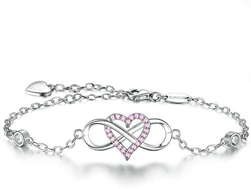 BlingGem Damen Armband Unendlichkeit Herz Weißgold vergoldet 925 Sterling Silber Rosa Zirkonia Bettelarmband Für Immer Zusammen Geschenk für Frauen
