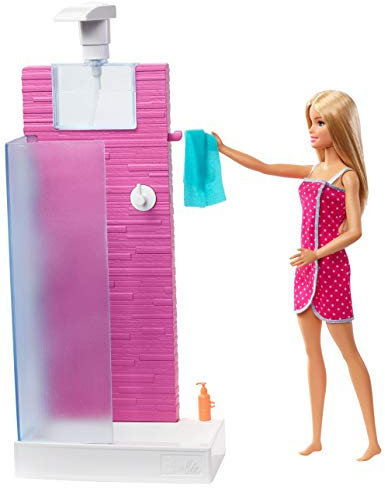 Barbie Mobilier Coffret d'intérieur poupée et Cabine de Douche Fonctionnelle avec 3 Accessoires de Bain, Jouet pour Enfant, FXG51