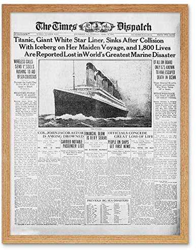 Newspaper Front Sheet Page Titanic Disaster 1912 Times Despatch Art Print Framed Poster Wall Decor 12x16 inch