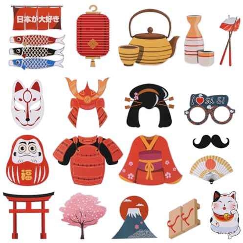PRETYZOOM 20Pcs Japanische Partei Fotoautomat Requisiten Japan Foto Requisiten Kabuki Kitsune Samurai Dekor für Geburtstag Halloween Weihnachtsfeier