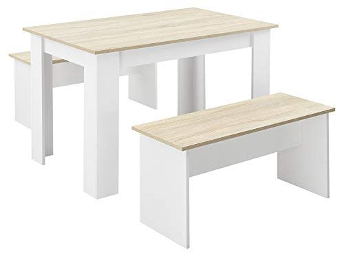 [en.casa] Table and bench set Hokksund 3-piece dining set for 4 Table 110 x 70 cm with 2 benches Table group Seating group White/Oak