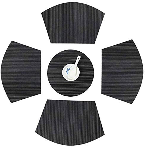 Center Round Table Mats Set of 5 - 1 Round, 4 Wedge Shaped, Heat Resistant, Washable (Black:4+1)