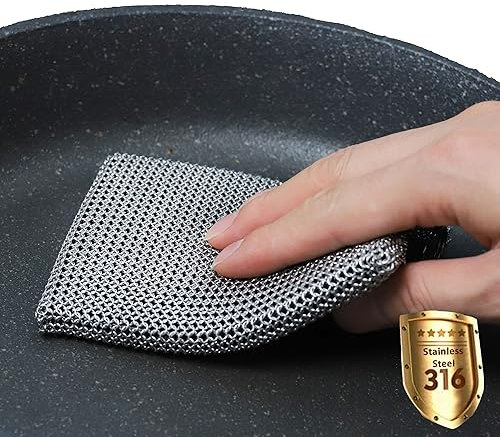 ERGONOW Cast Iron Cleaner Chainmail Scrubber,Fine Ring- 316 Stainless Steel Scrubbing Sponge Skillet, Dish Scrubber - Built-in Silicone with Welded Rings, for Cast Iron Pots, BBQ, Dishes