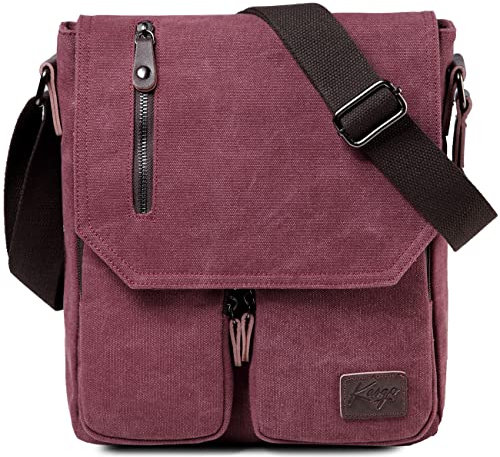 Kasgo Umhängetasche, Wasserabweisend Vintage Segeltuch Herrentasche Schultertasche Klassische Kuriertasche Crossbody für Arbeit Schule Burgund