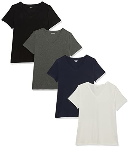 Amazon Essentials Women's Regular-Fit Short-Sleeve V-Neck T-Shirt, Pack of 4, White/Charcoal Heather/Navy, XL