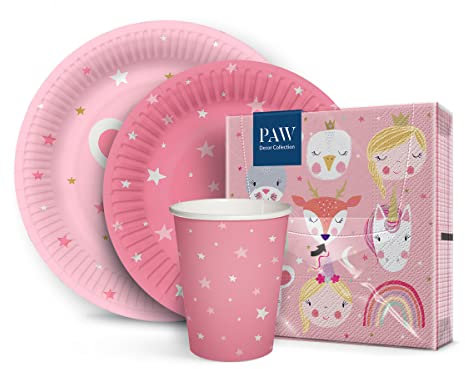 PAW - Platos y Vasos para Cumpleaños | 20 Personas, 80 Elementos | Vasos y Platos Desechables | Materias Primas 100% Biodegradables, Impresas con Tintas al Agua I Color: Magical Friends