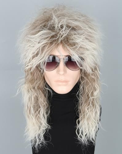 LeMarnia 70er/80er Rocker Vokuhila Perücke Lang Gelockt BraunVerlauf Weiß Unisex Erwachsene Perücke Halloween Cosplay Kostüm Perücke