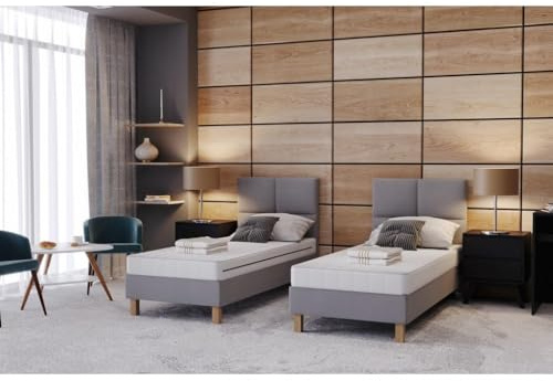 TRADA Bett fur Hotel DUBAJ 100 x 200 cm, Polsterbett mit Rädern, Grau | 1x Hotelbett mit Taschenmatratze, Einzelbett, KROKODILO S+PLATINUM Verbindungssystem