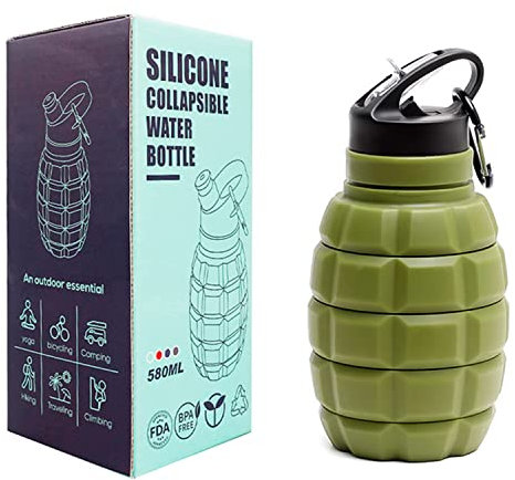 Bouteille d'eau personnalisable Grenade 580 ml pliable sans BPA anti-fuite en silicone pour salle de sport, vélo, randonnée en plein air avec crochet (vert)