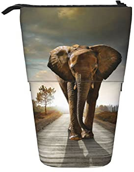 Ahdyr Dawn Walking On The Road Elefant Stehender Teleskop-Stiftebeutel aus Segeltuch mit Reißverschluss Schreibwaren-Mäppchen für Mädchen, Frauen, Jungen