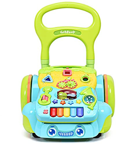 GOPLUS 2 in 1 Lauflerwagen mit höhenverstellbaren Handgriff, Lauflernhilfe mit Lichter & Musik, mehrfarbrige Laufhilfe für Baby ab 10 Monate, Mutifunktionales Spielbrett mit Lautstärkerregler (Blau)