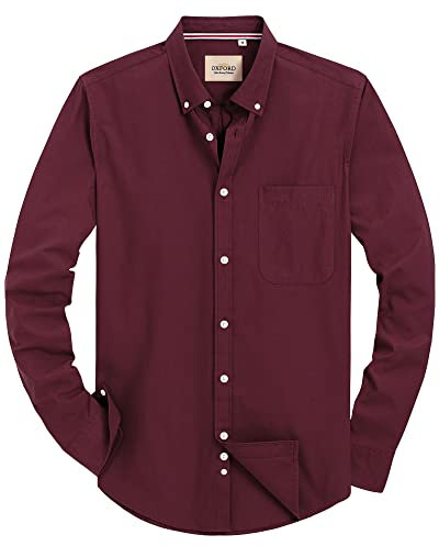 J.VER Men's Oxford Shirt Long Sleeve Regular Fit Non Iron Button Down Smart Casual Dress Shirts for Men Adult with Pocket Burgundy Red XXL