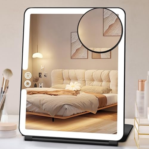 FUNTOUCH Folding Travel Makeup Mirror with Lights, Rechargeable 1800mA Portable Lighted Makeup Vanity Mirrors with 10X Magnifying, 3 Colors Dimmable Ultra Thin