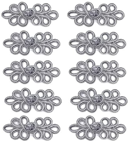 10 Paar Chinesische Knoten Frosch Knöpfe Verschluss Nähverschlüsse zum Nähen von Pullover, Umhänge, Mäntel, Strickjacken Kostüme, Silber(5y)