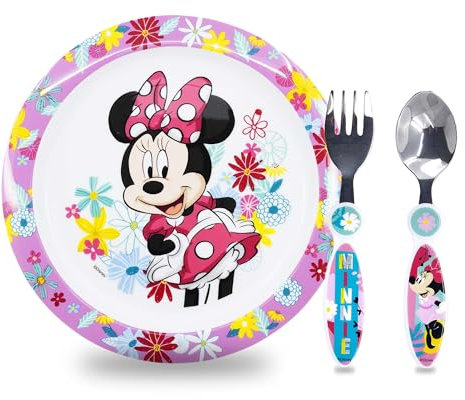 Sorrisini Set Stoviglie bambini, Piatti riutilizzabili per asilo, scoula, piatto, posate in acciaio inox, Set Svezzamento Prima Pappa, Set pappa Bimbo in plastica dura andata per microonde, Minnie