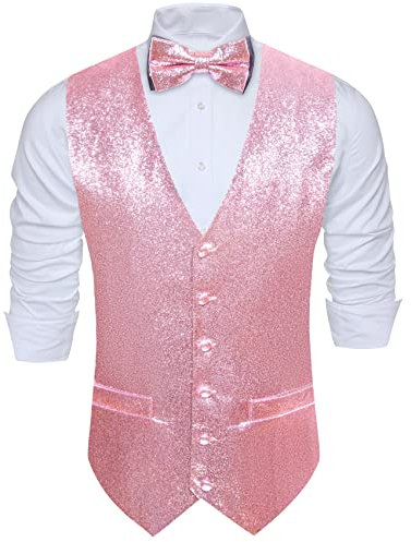 Barry.Wang Set di gilet da uomo con paillettes lucide, papillon, vestito casual scintillante, per festival, discoteca, feste, balli, Rosa brillante, S