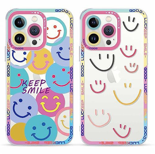 Yoedge 2 Stück Happy Smiley Face HandyHülle für Apple iPhone 13 Pro Hülle 6,1, Transparent Smile Gesicht Niedliches Muster Design Aesthetic Case Schutzhülle für iPhone 13 Pro Mädchen Frauen Cover