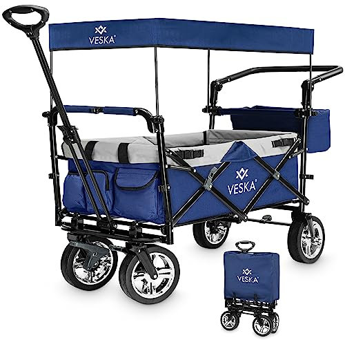 Bollerwagen faltbar mit Dach, Moskitonetz, Regencover, Handwagen Transportwagen | 2 Sitzer, Gurtsystem | klappbar | Vollgummi-Reifen | bis 80 kg | Vorder- und Hinter-Bremse + Tragetasche (blau)