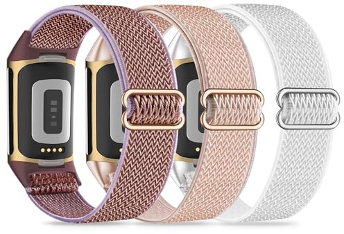 Kollody 3 Pack Nylon Elastic Watch Bands Compatible with Fitbit Charge 6,Soft Stretchy Breathable Adjustable Loop Fabric Sport Replacement Strap for Fitbit Charge 5/Charge 6 Fitness Tracker Women Men.