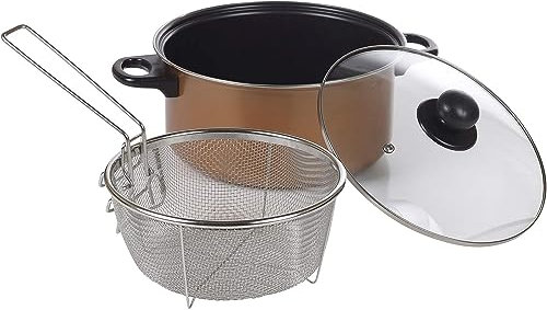 Yorkshire Homeware Non Stick 24cm Stick Chip Pan Set | Chip Pan Kitchen Deep Fat Frying | Chrome Mesh Basket with Glass Lid | Two Cool Touch Easy Carry Handles | Fat Fryer Cooking Pot, Copper