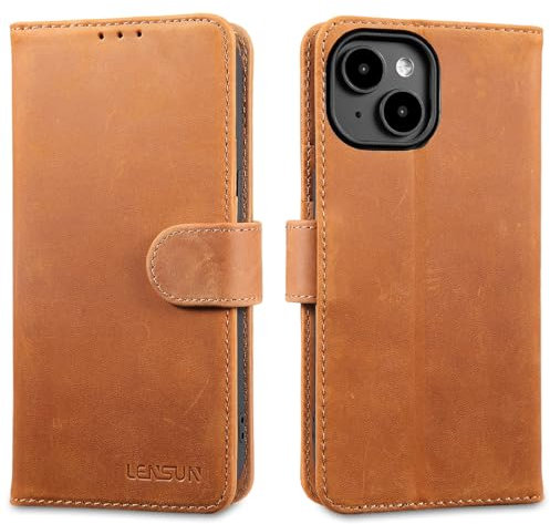 LENSUN Echtleder Hülle für iPhone 15, Handyhülle [Echtes Leder][Kartenfach][RFID Schutz] Handytasche Flip Lederhülle Kompatibel mit iPhone 15 5G(6,1) - Vintage Braun