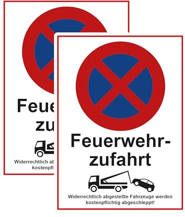 SL group - 2 Schilder Feuerwehrzufahrt 20 x 30 cm aus stabiler PVC Kunststoff-Platte - Hinweisschild für Fahrzeuge werden kostenpflichtig abgeschleppt (Halteverbot) - Warnhinweis Parken Verboten