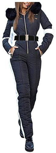 Skianzug Damen Einteiler Damen Skianzug Schneeanzug Lässig Skioverall Frauen Einteiler Skisuit Wasserdicht Skioverall Wasserdicht Ski Suit Skisuit mit Kaputze Reißverschluss Jumpsuit (Black-a, L)