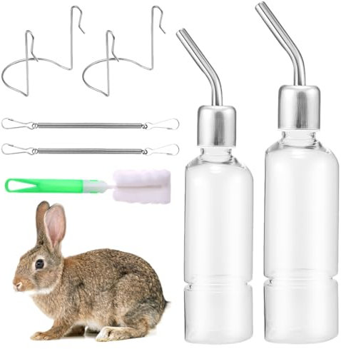 zhwohyu Trinkflasche Kaninchen mit Halterung, Hasen Trinkflasche Winterfest,Pet Hängenden Wasser, Stück Kaninchen, Mit Flaschenbürste, für Nagetiere Kaninchen Meerschweinchen, 180ml+350ml