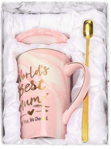 MBSM Mother's Day & Birthday Gift - Mummy Mug, Funny Present for Mum from Kids, 14Oz Marble Ceramic Coffee Cup (World's Best Mum - Pink)