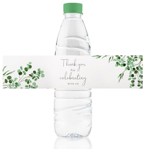URROMA Etichette per bottiglie d'acqua per matrimoni, con scritta Thank You, 100 pezzi, per bottiglie d'acqua verdi, foglie di eucalipto, etichette adesive per bottiglie d'acqua, per compleanno,