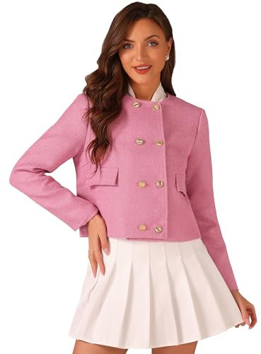 Allegra K Veste à Carreaux pour Femme Blazer en Tweed à Col Rond Veste Décontractée Manches Longues Blouson Double Boutonnage Rose S