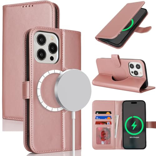 Zouzt Case for iPhone 15 Pro Max (6.7), [Compatible with MagSafe] Magnetic PU Leather Wallet Case with Card Holders and Kickstand, Wireless Charging Flip Folio Phone Cover - Rose Gold