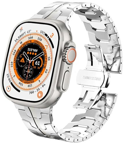 DEALELE Strap Compatible with Apple Watch 49mm 45mm 44mm 42mm, Thin Iron Man Stainless Steel Metal Replacement Bands for iWatch Series 9/8 / 7/6 / 5/4 / 3 / SE/Ultra Women Men, Silver
