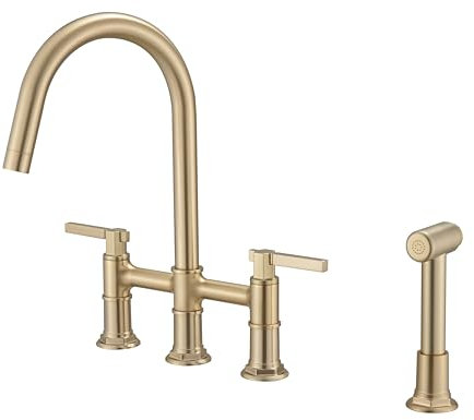 BWE Grifo de cocina dorado cepillado con pulverizador lateral, 2 asas, 4 agujeros, latón sólido, montaje en cubierta