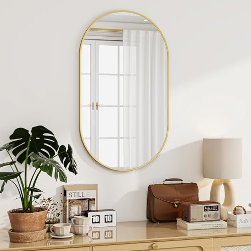 Koonmi Oval Badspiegel Gold, 56 x 96 cm Oval Wandspiegel aus gehärtetem Glas, Eitelkeitsspiegel ohne Verzerrung, horizontal oder vertikal hängend für Schlafzimmer, Eingangsbereich, Wohnzimmer