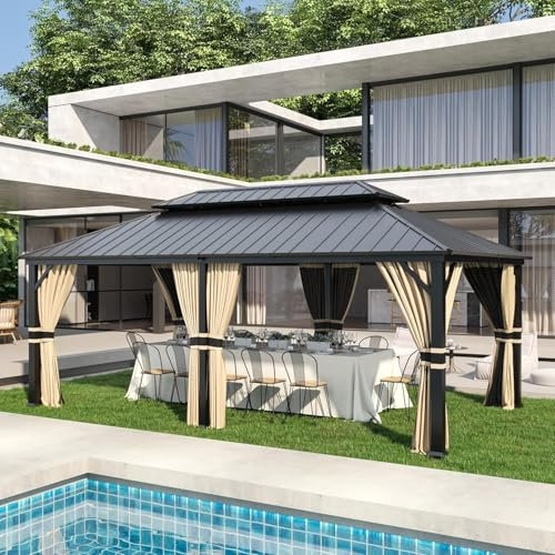 Amopatio 3.65 x 6 m Gartenpavillon Wasserdicht Stabil Winterfest Hardtop Pavillon, Verzinkter Stahl Doppeldach Aluminium Pavillon mit Moskitonetz und Vorhänge für Garten, Terrasse, Rasen, Beige