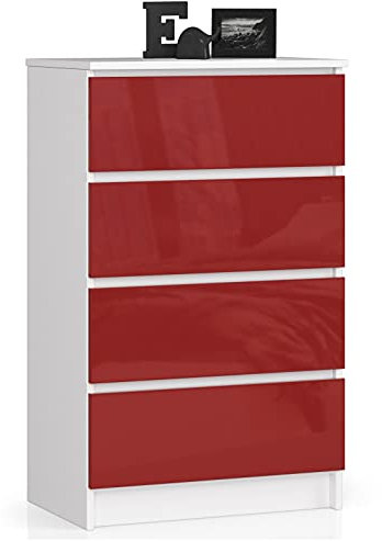 Home Collective Kommode in rot Hochglanz mit 4 geräumigen Schubladen, 60 cm breit, 99 cm hoch Kommode Schlafzimmer Flur Wohnzimmer Organizer Kommode mit Schubladen Holz Highboard Sideboard Schrank