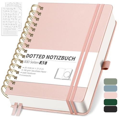RETTACY Notizbuch A5 Dotted, Bullet Dot Journal mit 100 g/m² Dickem Papier, 150 Blatt, Notebook für Büro und Schule, Lederhülle, Roségold, 14.8 cm x 21 cm