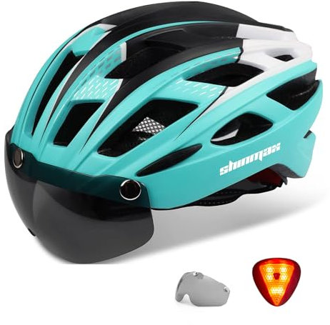 Shinmax Fahrradhelm Herren Damen Fahrradhelm mit Visier Magnetische Abnehmbarer Schutzbrille Fahrradhelme mit Licht für Erwachsene Radhelm Einstellbarer MTB Helm (Cyan Schwarz Weiß, M:54-58cm)