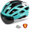 Shinmax Fahrradhelm Herren Damen Fahrradhelm mit Visier Magnetische Abnehmbarer Schutzbrille Fahrradhelme mit Licht für Erwachsene Radhelm Einstellbarer MTB Helm (Cyan Schwarz Weiß, M:54-58cm)