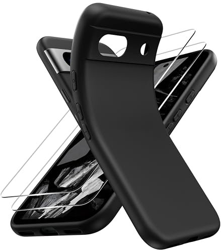 FLLAO Coque Compatible avec Google Pixel 8a avec 2 Verre trempé Protection écran, Souple Silicone Mince Étui Protection Bumper Housse TPU Téléphone Pixel 8a Cover, Noir