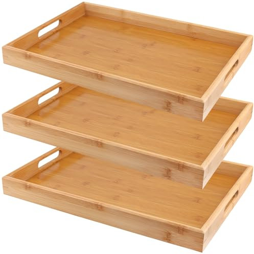 MUKSEUT 3 Pack Bamboo Serving Trays with Handles, 40 x 29 x 4cm Portable Rectangle Tray Platters, Large Bamboo Wooden Serving Trays for Dinner Breakfast, Food Tray for Coffee, Snack, Tea