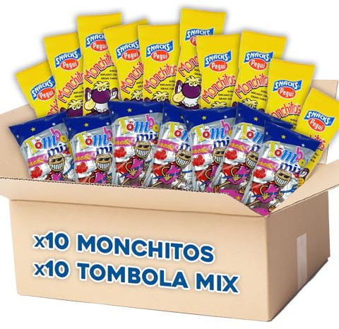 Pack Monchitos + Tómbola Mix - 10 Bolsas Arroz Inflado Sabor Jamón + 10 Bolsas Mix Aperitivo de Maíz