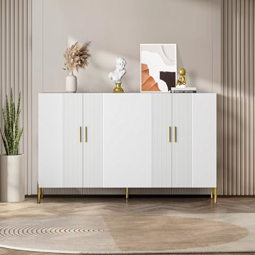 Wyibwy Modernes Sideboard mit 4 verstellbaren Einlegeböden und 4 Türen, multifunktional, schlichter Schrank mit mattem Weiß, Anrichte für Wohnzimmer, 160 x 35 x 100 cm, für Wohnzimmer, Esszimmer, weiß