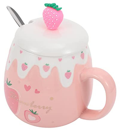 Happyyami 1set Tazza Ceramica Decorativa Con Coperchio e Cucchiaino Mug Da Forma Di Fragola Adatta Per Ufficio e Casa Colore Rosa e Design Elegante
